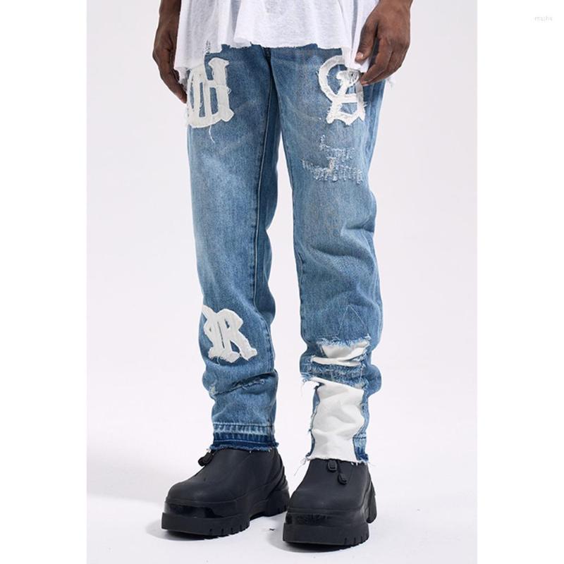 

Men's Jeans Drift Fashion Streetwear High Street REMAKE Y2k Straight Stickers Blue Denim Trousers For Men Homme