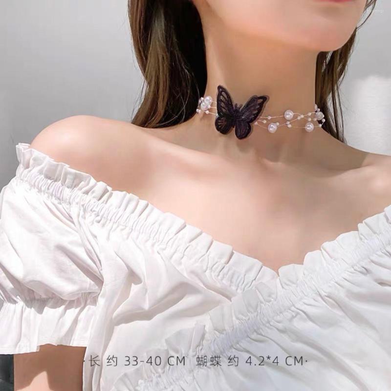 

Chains Fairy Fabric Lace Pearls Necklace For Women Fashion Wedding Sexy Butterfly Designer Choker Accessories