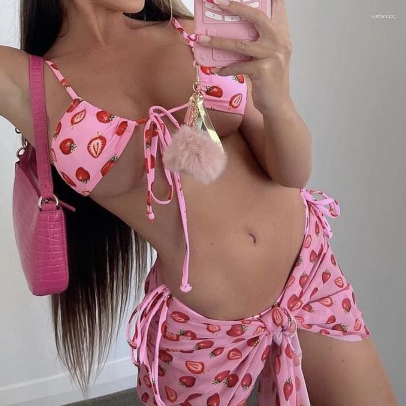 

Women' Swimwear Sweet Sexy Girl Strawberry Print Bikini 3Pcs Set Women Bathing Suit Tie Up Halter Bra Panties Wrap Skirt Scarf Swimsuit, Pink