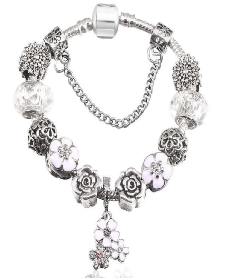 

Wedding Jewelry Bangle New Natural Panjia Bracelet Creative Diy White Cherry Blossom Pendant Sier Plated Bracelet Valentine039s7701298