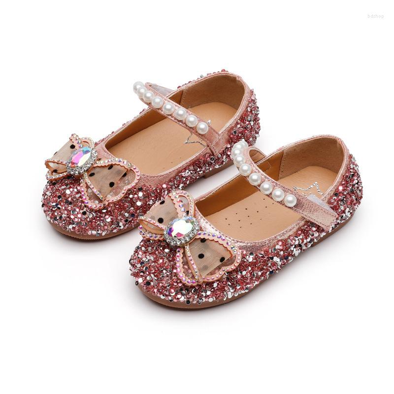 

Flat Shoes Girls Princess 2023 Spring And Autumn Bow Rhinestone Pearl Leather Children's Single, Silver