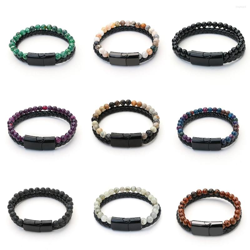 

Charm Bracelets Natural Stone Beads Bracelet Leather Braided For Men Black Stainless Steel Magnetic Clasp Bangles Jewelry