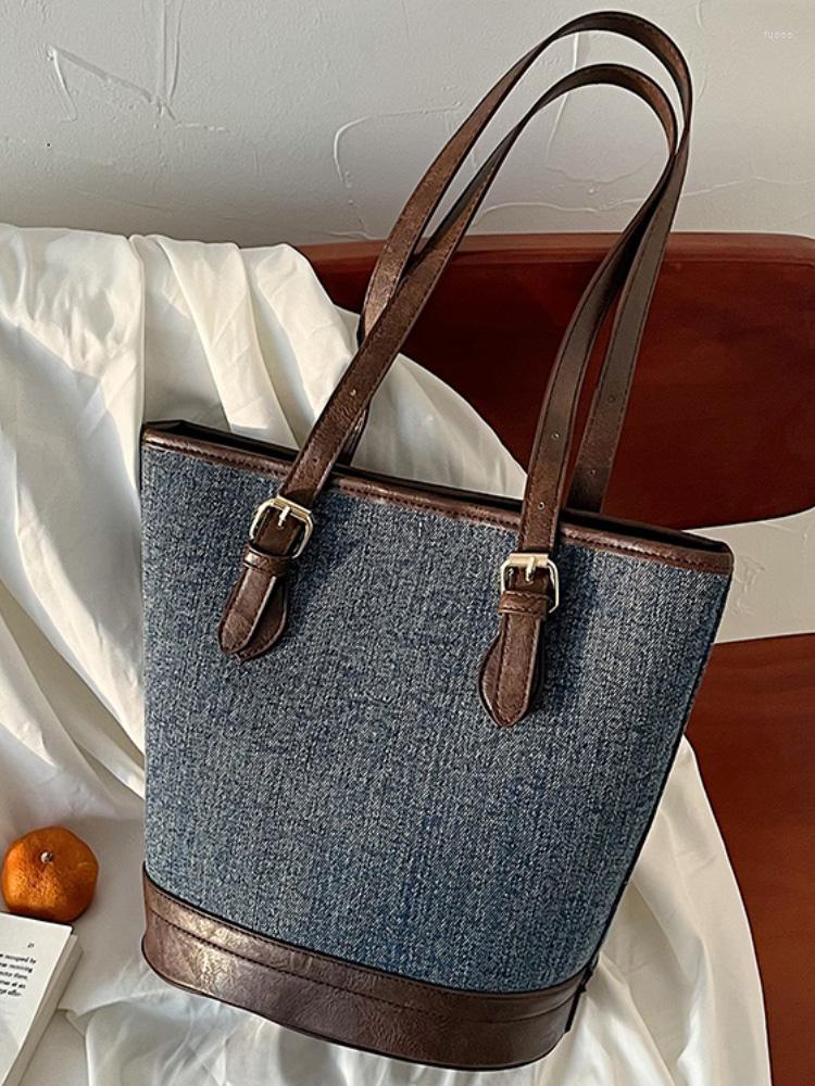 

Evening Bags Vintage Women Bucket Shoulder 2023 High Quality Denim Patchwork Underarm Pack Texture Chic Female Handbags, Deep blue