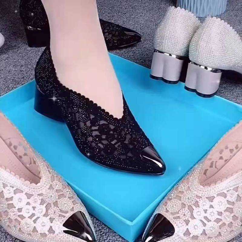 

Sandals Chunky Lace Sexy Pointed Toe Women Shoes Summer Designer Mid Heels Shallow Mature Dress Woman Pumps Mujer Zapatos 230417, Silver