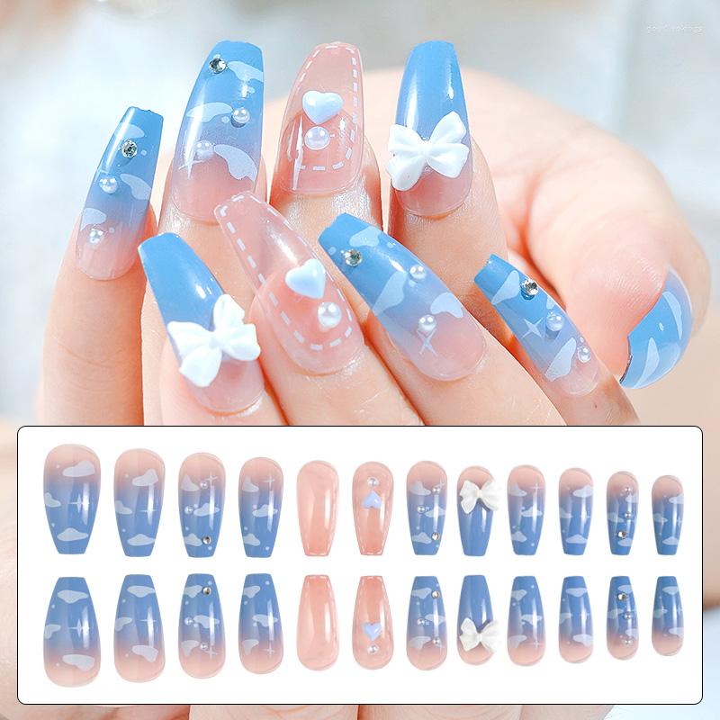 

False Nails Long Ombre French Ballerina Fake Nail Nude Color White Gradient Blue Diamond Bow Natural Coffin Tip 24pcs/BOX