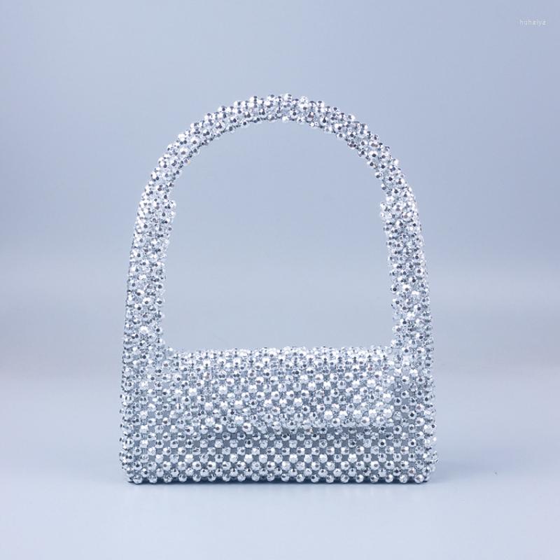 

Evening Bags Designer Silver Corner Bead Shoulder Bag Women's Woven Flap Dinner Handbag Woman Fashion Simple Rectangular Underarm Purses