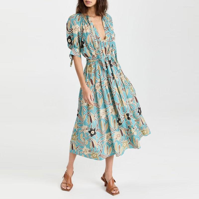 

Casual Dresses Women Midi Dress Short Puff Sleeve High Waist Lady Long
