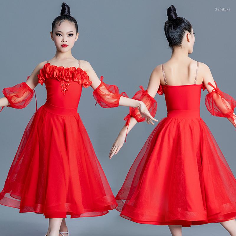 

Stage Wear Waltz Ballroom Dance Competition Dress Girls Red Latin Long Skirt Kids Performance Dancing Dresses SL8364