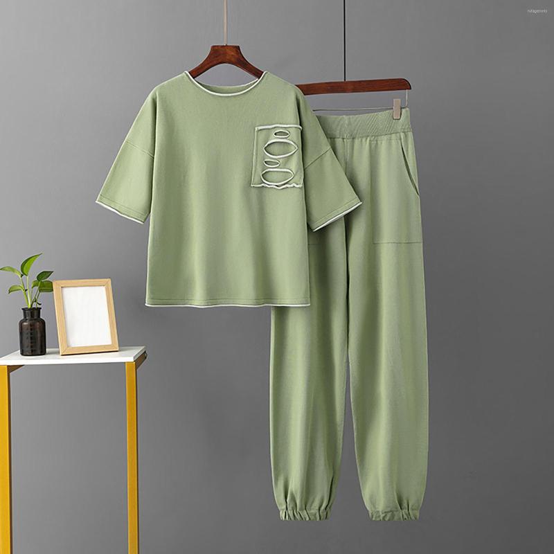 

Women's Tracksuits Women Ice Silk Knitted Fashion Summer Short Sleeved Long Pants Casual Large Size Two Piece Suit, Green