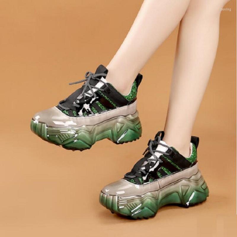 

Dress Shoes Spring Autumn Fashion Slim Wedges Platform Cross-tied Bling Shallow Full Grain Leather Women Pumps Ladies Sneakers 2207, Green
