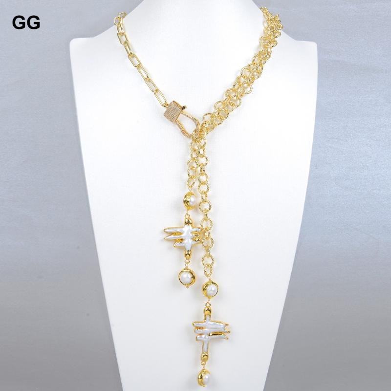 

Chains Jewelry Natural Freshwater White Freeform Keshi Pearl Gold Color Plated Lariat Chain Necklace For Women