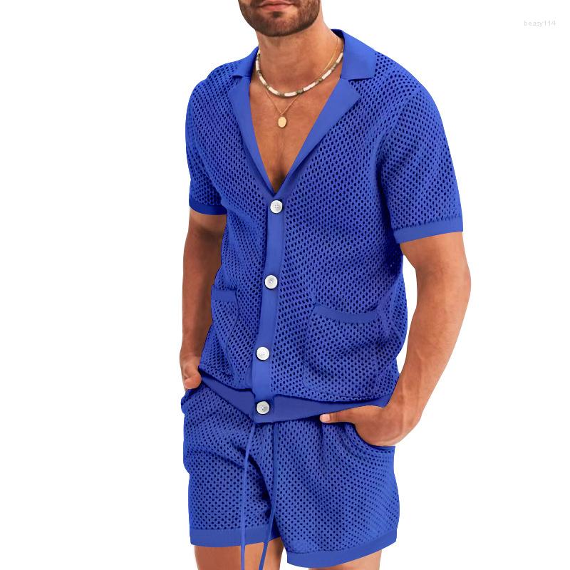 

Men's Tracksuits Men 2023 Summer Short Sleeve Lapel Button Shirt And Shorts Two Piece Set Men's Solid Suit Casual Hollow Out Knitting, 03 lake blue