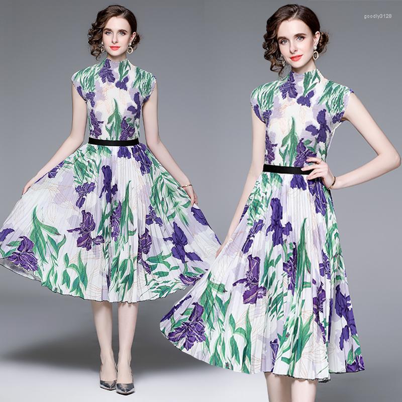 

Work Dresses Women' Summer High-end Temperament Stand Neck Short Sleeve Printed Pleated Top Elastic Waist Skirt Fashion Two-piece Set, Picture color