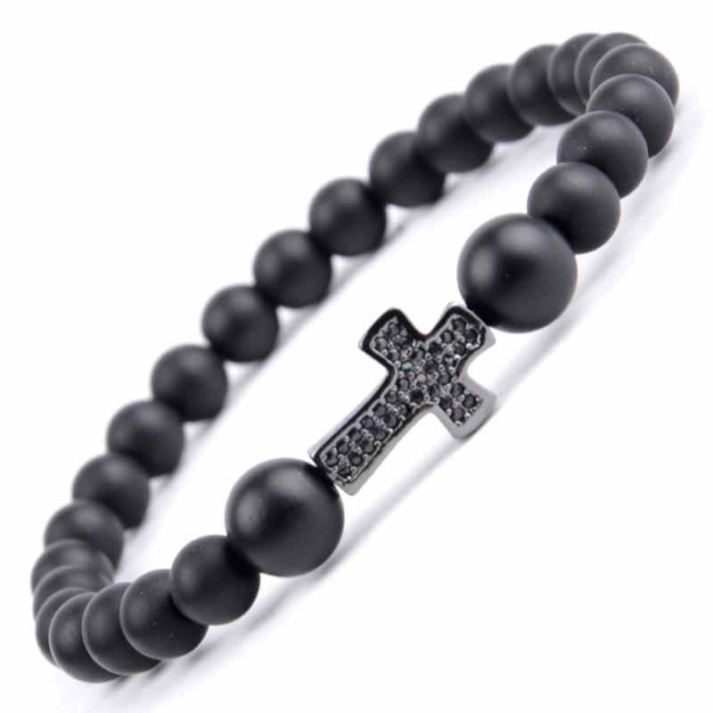 

Charm Bracelets Trendy Micro Pave Cross For Women Natural Stone Black Agates Beaded Bracelet Men Christian Jewelry Wholesale