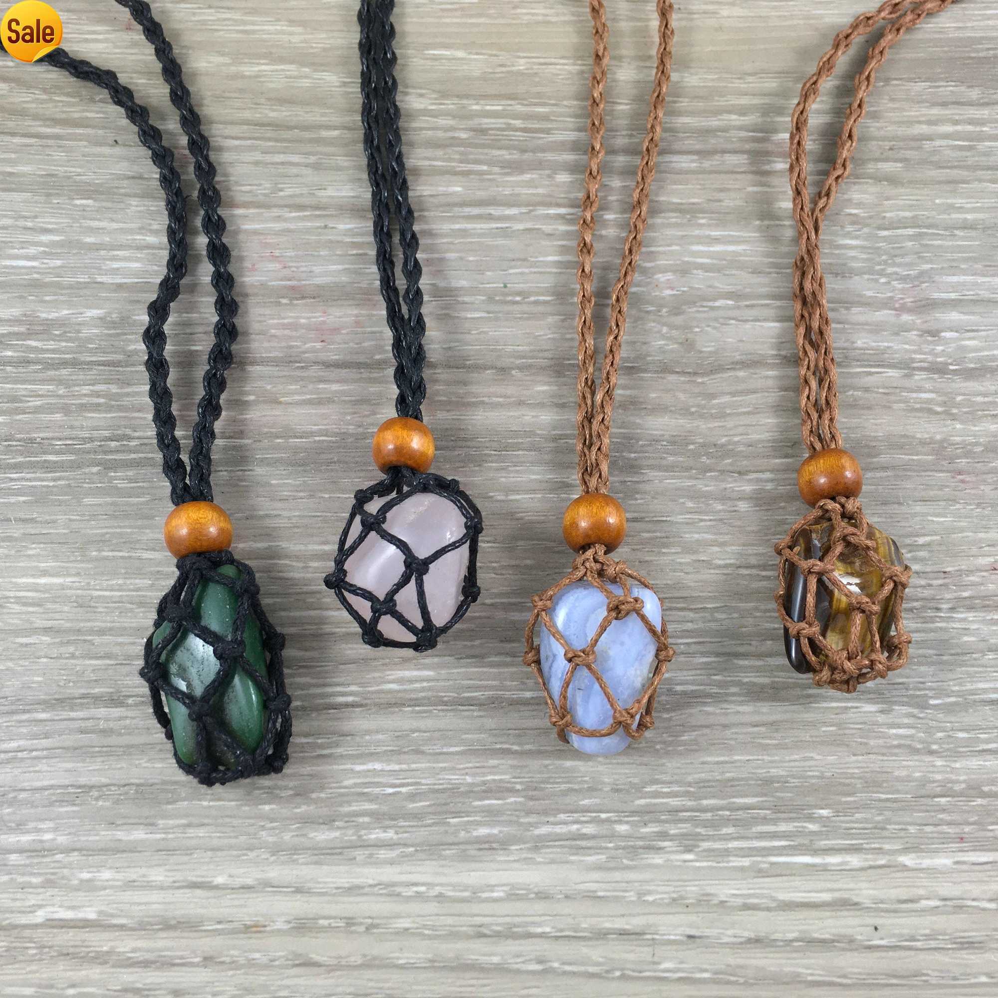 

Hemp Rope Necklace Pure Natural Stone Crystal Stand Hand Woven Lace Boho Style Necklace