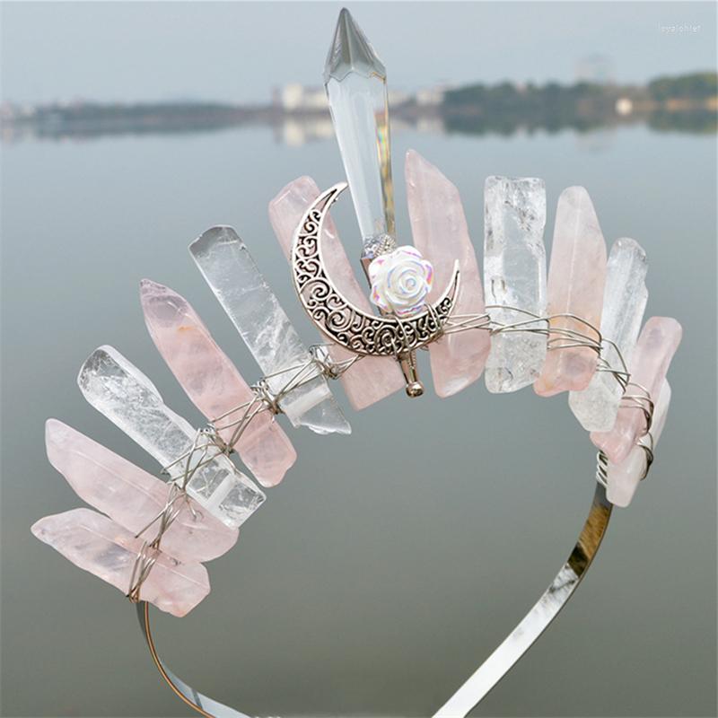 

Hair Clips Luxury Wedding Tiara Moon Crown For Bride Natural Crystal Column Jewelry Gift Rose Accessories Women Headband Headwear