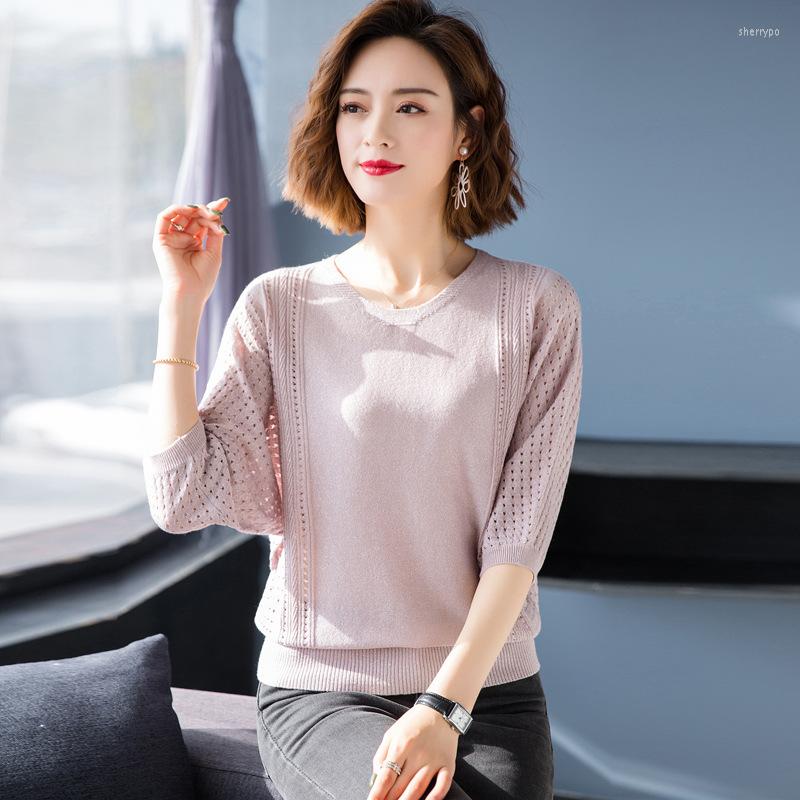 

Women's T Shirts Summer Round Neck Hollow Five-point Sleeve Solid Color Knitted T-shirt Women Gray, Black