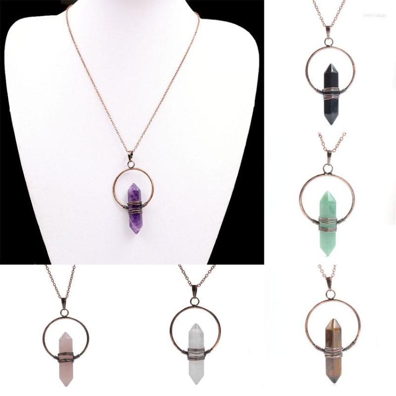 

Pendant Necklaces XSM Natural Stone Hexagonal Pillar Vintage Copper Round Shape Wire Wrap Crystal Quartzs Female Jewelry 1 Pcs