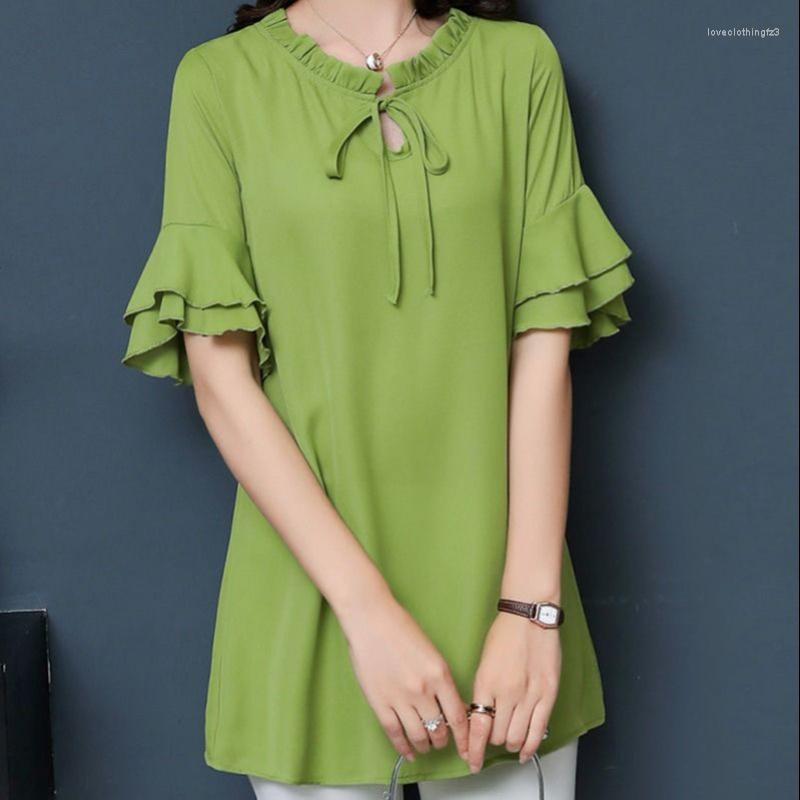 

Women's Polos Summer Chiffon Women's Shirt Short Sleeve Casual Loose Top Long Lace Up Ruffle Edge Clothing Yellow Trend, Purple
