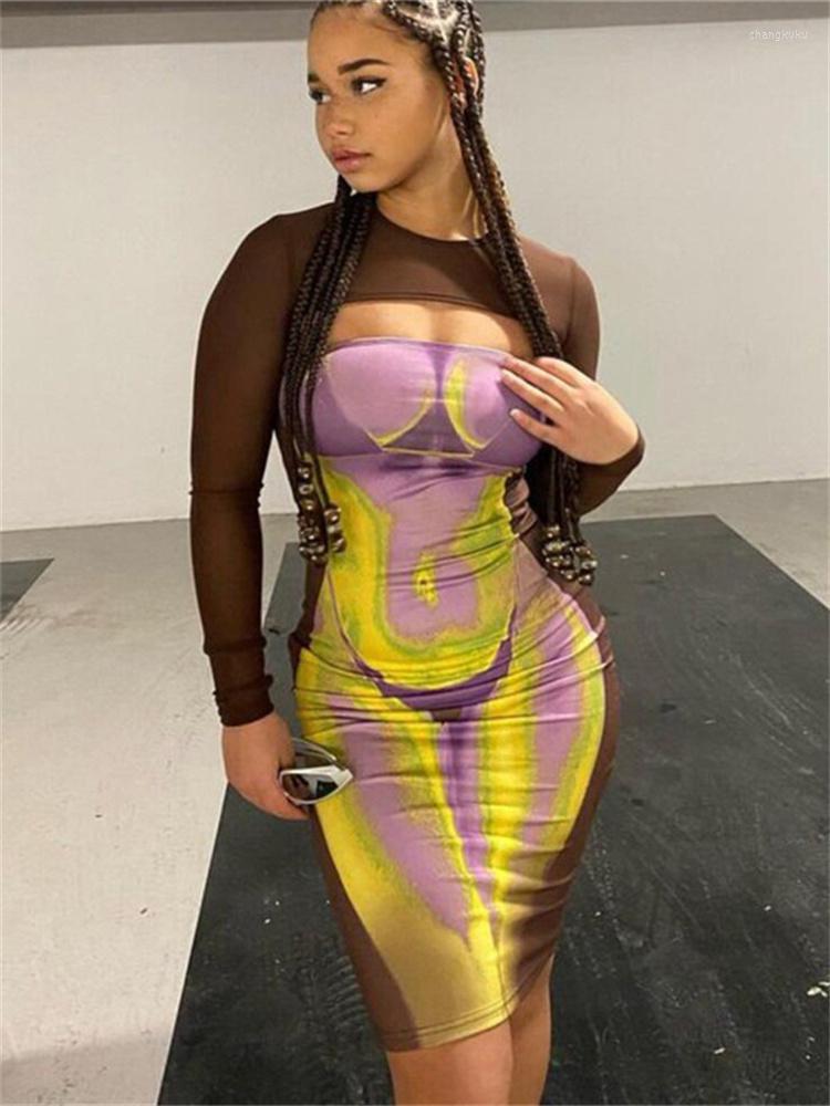 

Casual Dresses Sexy Summer Outfits Bodycon Mesh For Women 2023 Long Sleeve Hollow Out Dress Mini Yellow Party Club Ladies