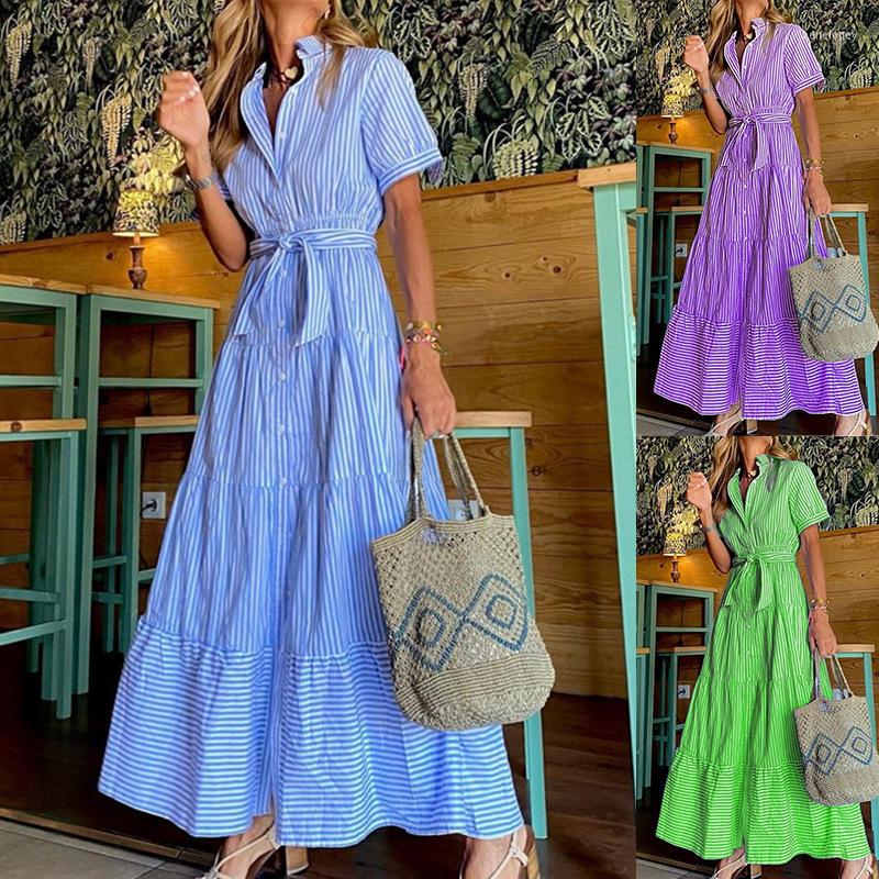 

Casual Dresses Spot 2023 Fashion Striped Short Sleeve Loose Mid-length Dress, Purple