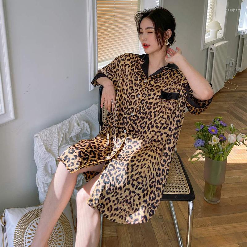 

Women's Sleepwear Printed Leopard Nightgown Summer Women Shirt Skirt Short Sleeve Nightdress Bathrobe Loose Satin Home Dressing Gown