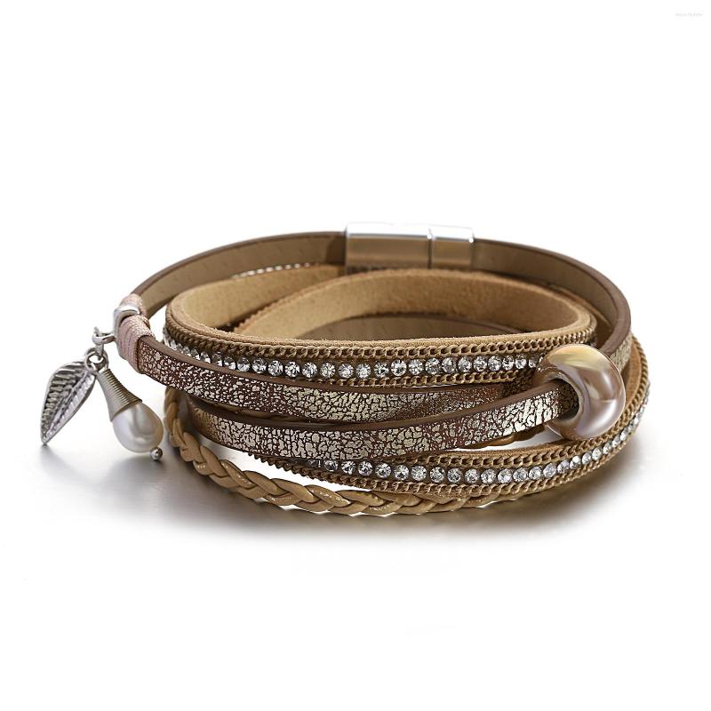 

Charm Bracelets ALLYES Vintage Ceramic Beads Multilayer Leather Bracelet For Women Bohemian Pearl Leaf Pendant Handmade Braided Wrap