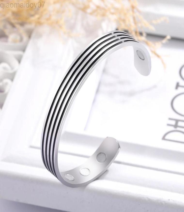 

Skyrim Fashion Stripe Lines Magnetic Cuff Bracelet Women Men Adjustable Stainless Steel Therapy Health Bangles Jewelry Gift L220813329442