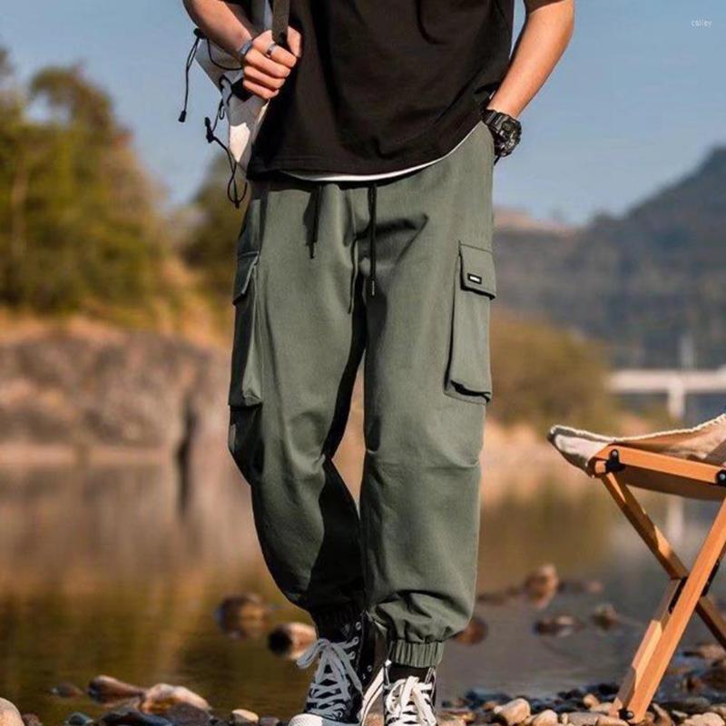 

Men's Pants Men Cargo Solid Color Elastic Waist Large Pockets Drawstring Loose Streetwear Ankle Tied Joggings Trousers For Working, Black