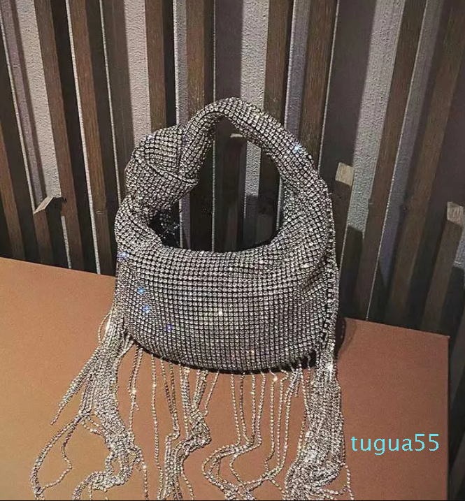 

Shoulder Bags Women Handbags 2023 Diamonds Bow Tassel Evening Designer Rhinestone Beading Shinny Crossbody Flap Purses, Silver