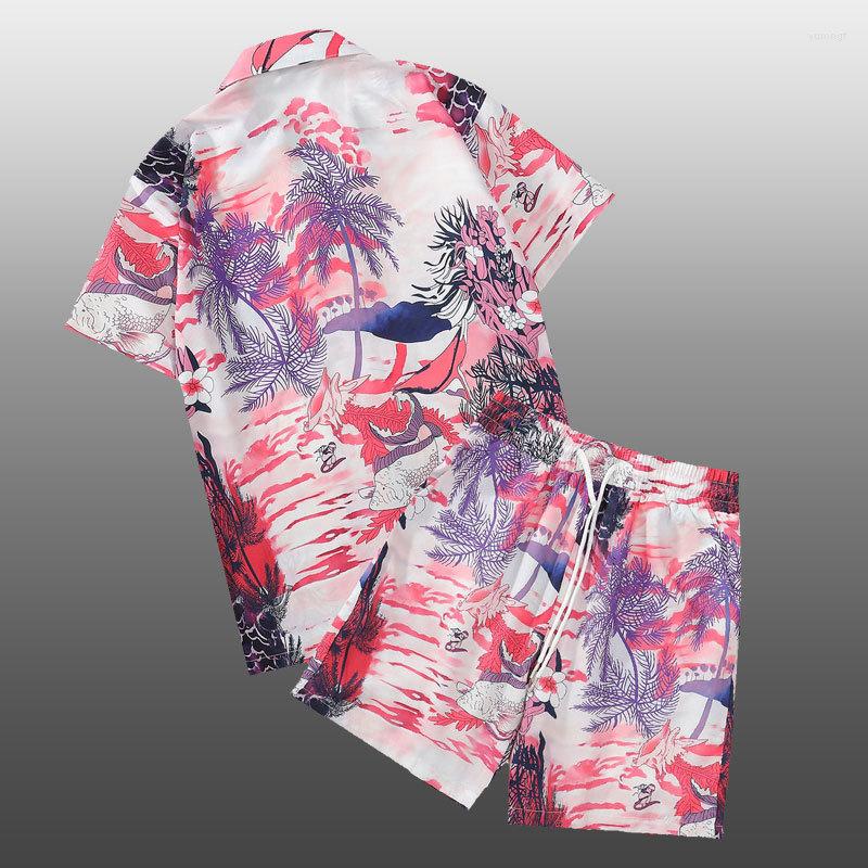 

Men's Tracksuits 2023 Summer Lapel Streetwear Shirt Suit Casual Sets Homme Coconut Tree Pattern Short Sleeve, Picture