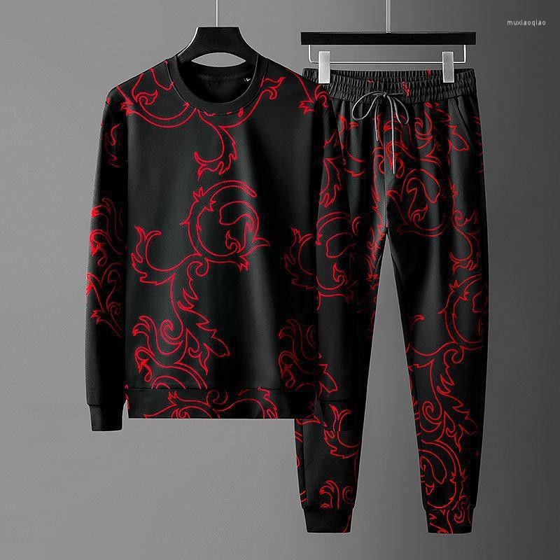 

Gym Clothing Autumn High-end Chinese Style Printed Running Wear Suit Men's Round Neck Long-sleeved T-shirt Sports And Leisure Two-piece, Black