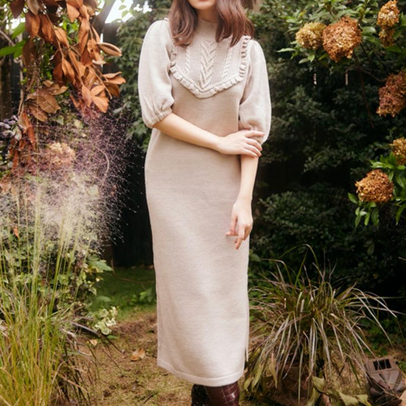 

Party Dresses Elegant Sweet Ruffles Knitted Dress All Match Fall Winter Long Solid Designed Chic Split Vintage Autumn Robe Feminino, Brown