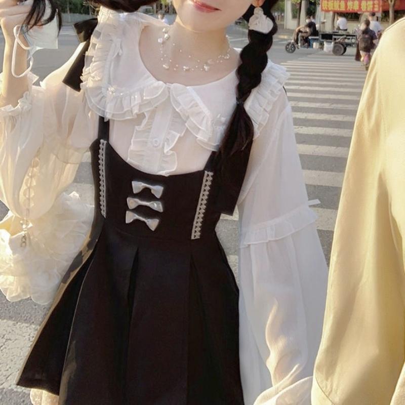 

Casual Dresses Kawaii Lolita Dress Women Vintage Elegant Y2k Mini Party Japanese Style 2 Piece Sets 2023 Autumn Fashin Suits, Black