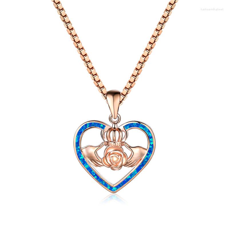 

Pendant Necklaces Rose Flower Crown Necklace White Blue Opal Love Heart Gold Color Chain For Women Fashion Jewelry
