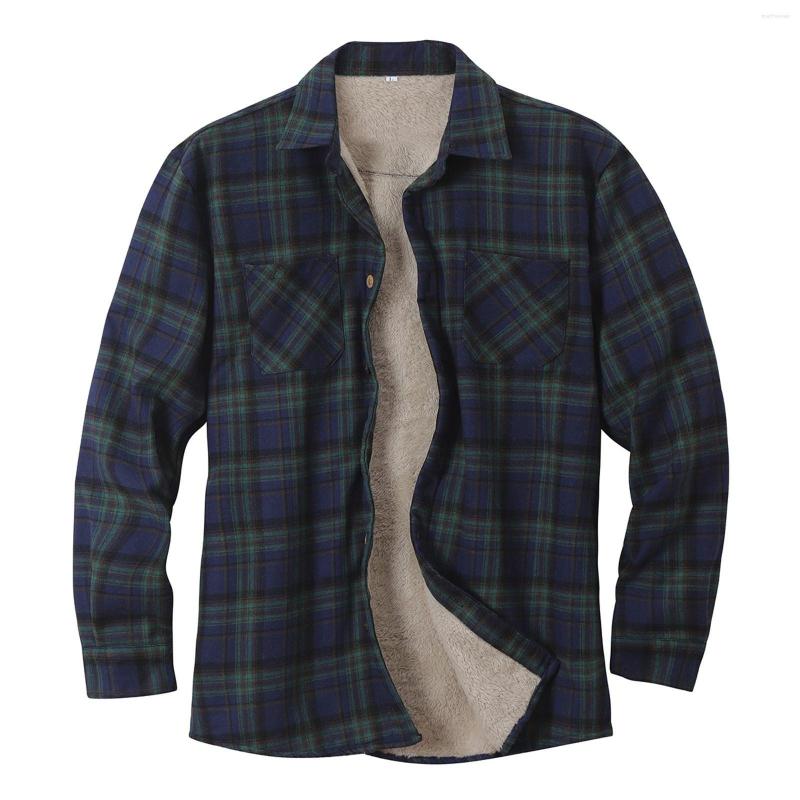 

Men's Casual Shirts Long Sleeve Sherpa Lined Shirt Tops Camisas De Hombre Fleece Jacket Winter Thick Plaid For Men, Green