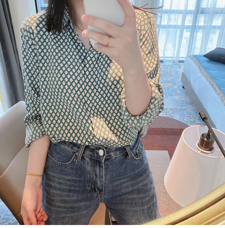 

Women' Blouses Fashion Luxury Ladies Shirt France Style Woman Printing Blouse Spring Autumn Long Sleeve Tops Blusa Mujer, Green