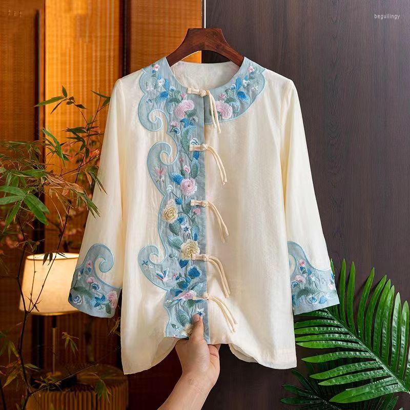

Women's Blouses Shirt For Women Summer 2023 In Print Chinese Style Loose Fashion Seventh Sleeve Floral Top O-Neck Embroidery, Beige