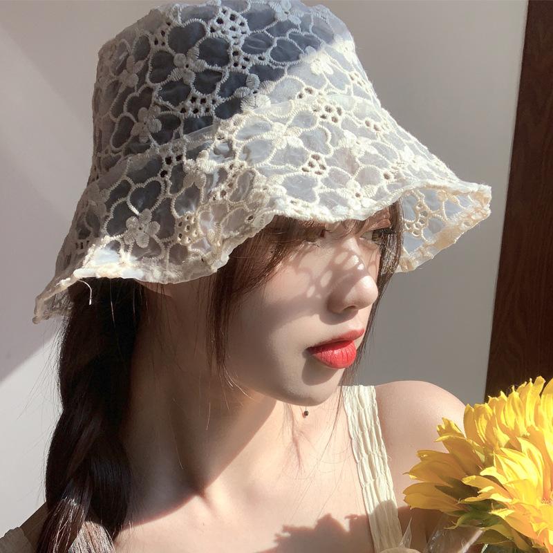 

Wide Brim Hats Sun Hat Korean Seaside Vintage Elegant Lace Bucket Women Summer Beach Fashion Caps Breathable Fisherman Cap, Black