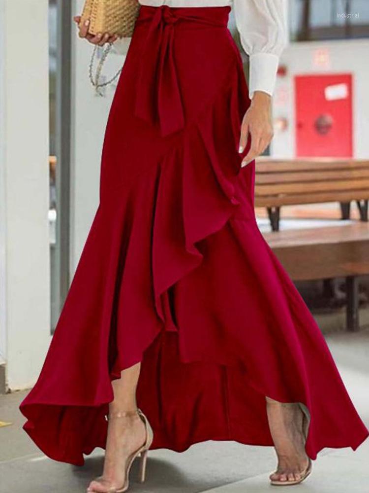 

Skirts Fashion High Waist Sexy Irregular Long Women Commuter Design Ruffle Hem Elegant Solid Lace-Up Wrap Fishtail Skirt, 03 green