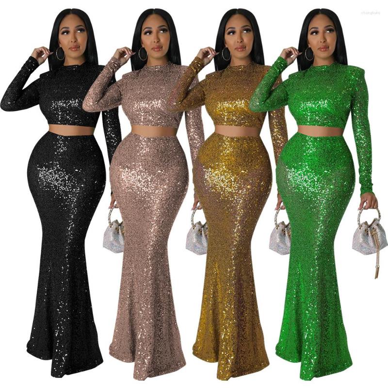 

Women' Tracksuits Sexy Sequined Long Skirt Sets Women Party Clubwear Sleeve O Neck Crop Top And Bodycon Fishtail Skirts Autumn Winter, Champagne