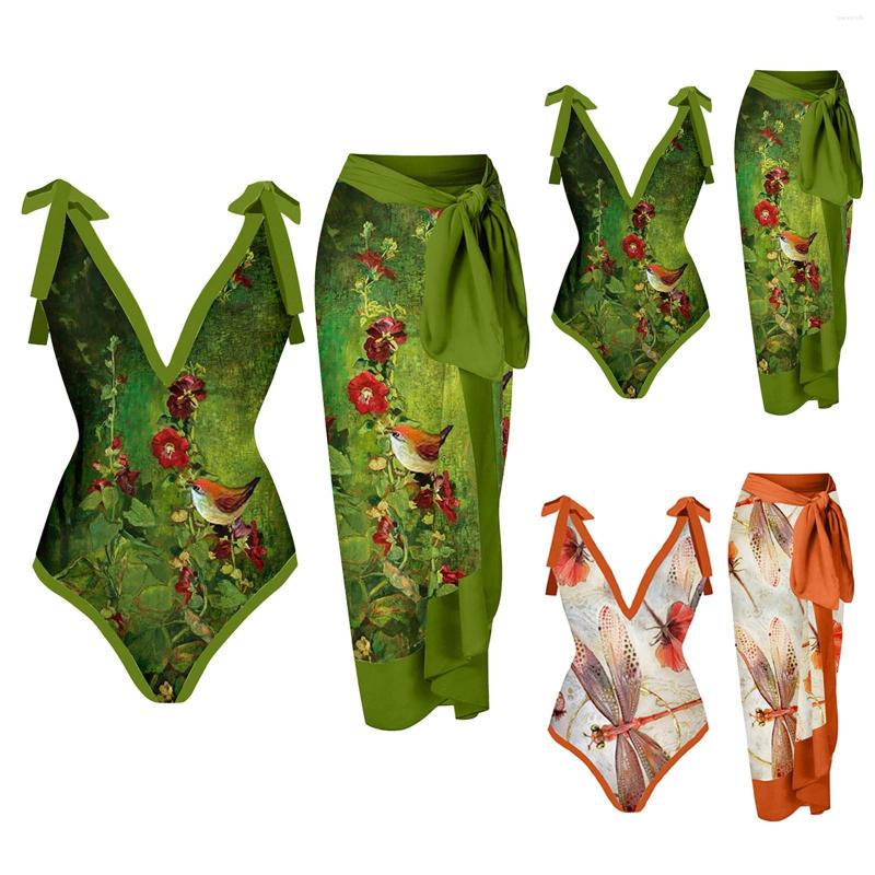 

Women's Swimwear Women Vintage Colorblock Abstract Floral Print 1 Piece Cover UP Two Swimsuit Monokini, Green