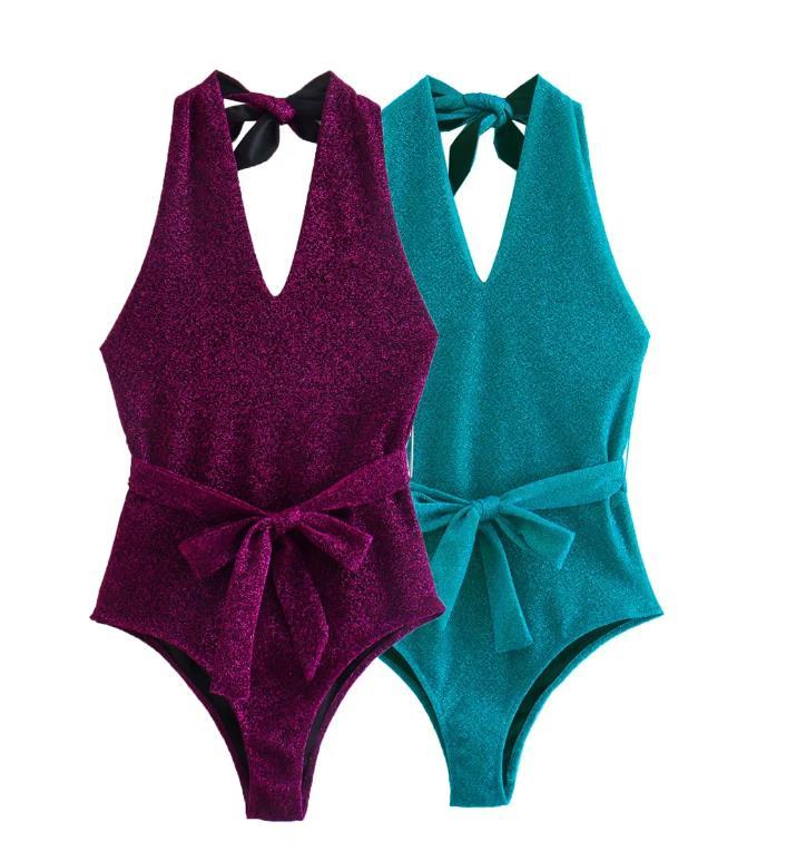 

Women's Swimwear Two-color Bright Silk Waist Neck Style Swimsuit In SummerWomen's, Turquoise