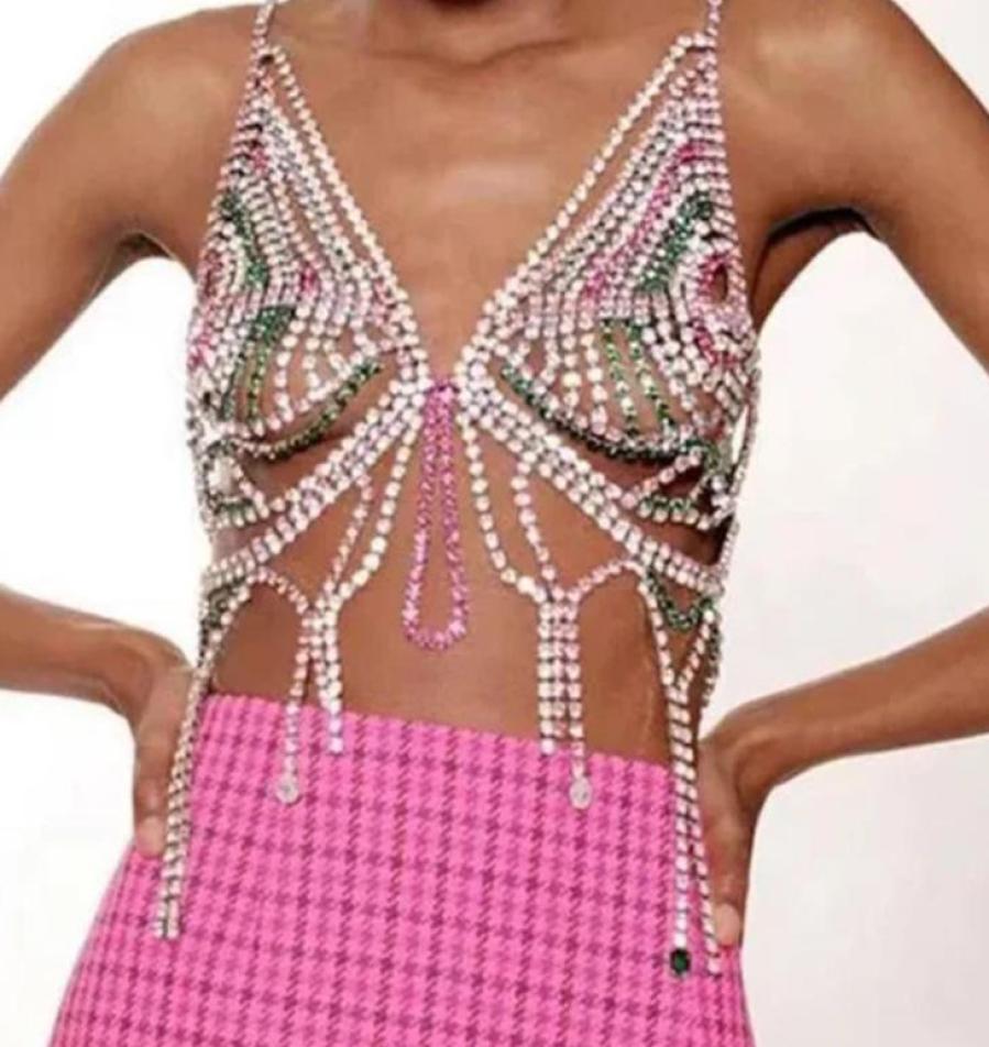 

Stonefans Sexy Body Chain Colorful Bra Bikini Jewelry Crystal Tassel Lingerie Nightclub for Women 2205075833489