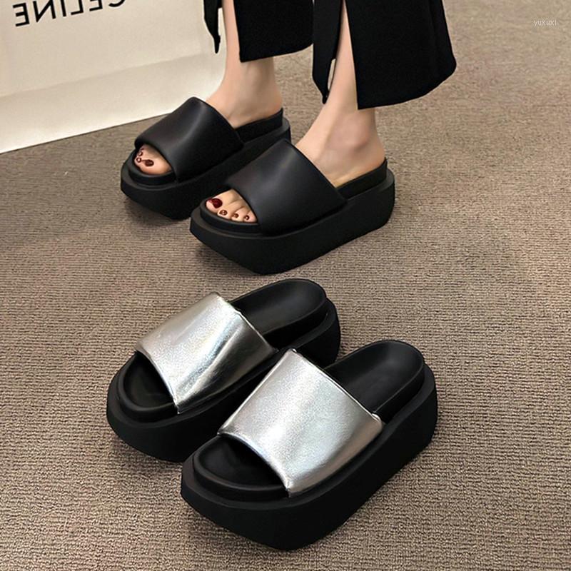 

Slippers Summer Women Ladies Beach Flip-Flops Chunky Leather Shoes Wedges Heels Outside Sandals Woman High Platform 8CM, Beige