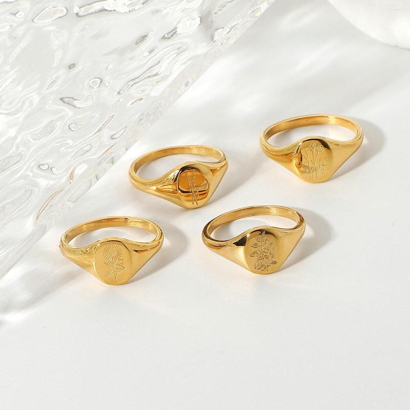 

Cluster Rings French Retro 316L Stainless Steel Flower For Women 18k Gold Plated Engagement Sunflower Signet Finger