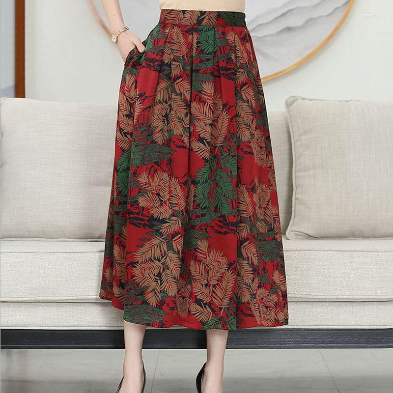 

Skirts Arrival Natural Silk Loose Print Long Skirt Gambiered Guangdong For Women Elastic Waist Pleated, Blue print