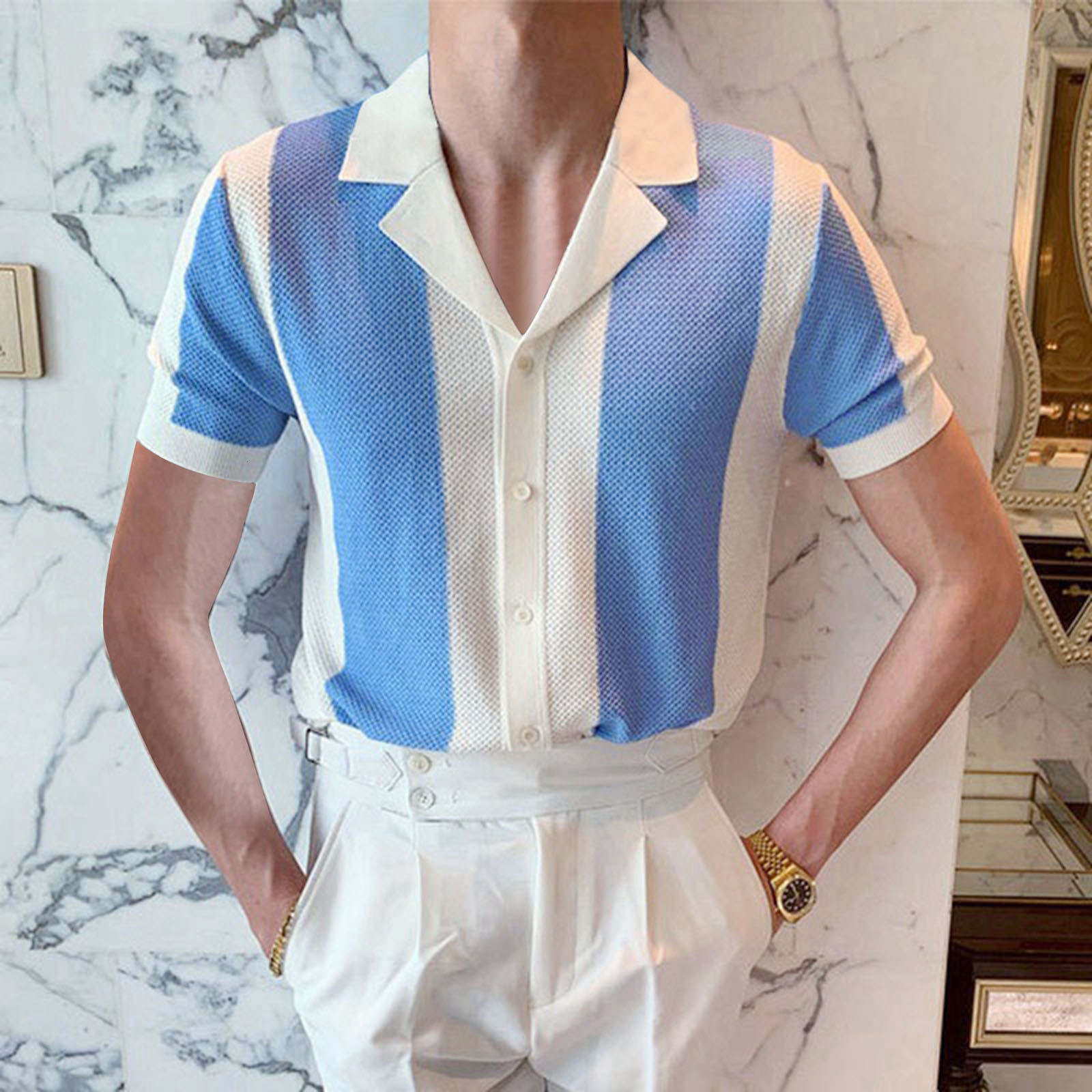 

Men's Polos Vintage Shirt Stripe Patchwork Knitting Casual Lapel Pullover Summer Korean Fashion Short Sleeve Slim Shirts 230512, White-h