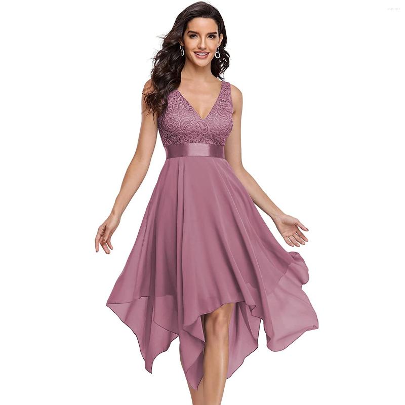 

Casual Dresses Womens Elegant Deep V Neck Plus Size Irregular Hem A Line Lace Chiffon Cocktail Party Dress, Black