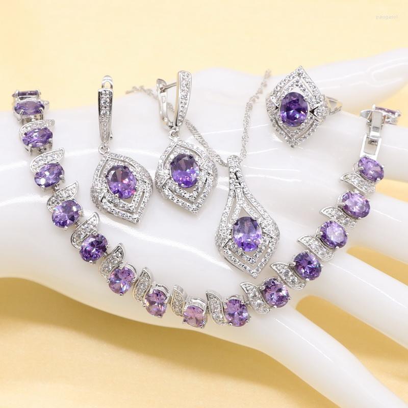

Necklace Earrings Set Purple Cubic Zirconia Sterling Silver Color Trendy Pendant Earring Bracelet And Ring For Ladies, Picture shown